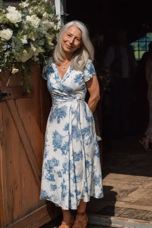 Classic Blue Toile Wrap Midi Dress Charming Farewell Party Style