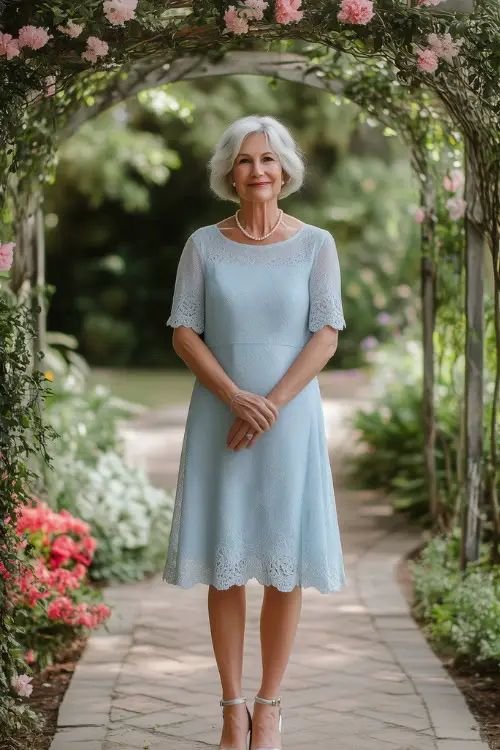 Classic Light Blue Relaxed Silhouette Lace Dress