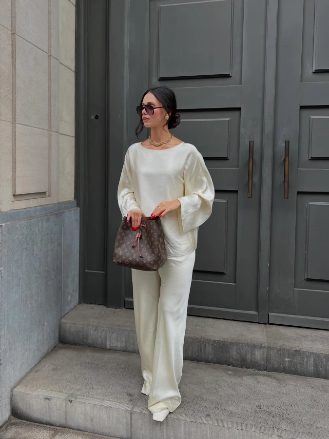 Cream Silk Set and Wide Leg Trousers: Monochromatic Weekend Luxe