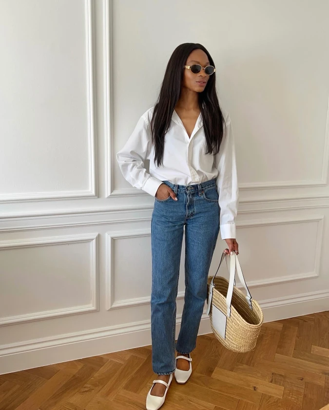 Crisp White Button Down and Straight Leg Denim for Timeless Brunch Style