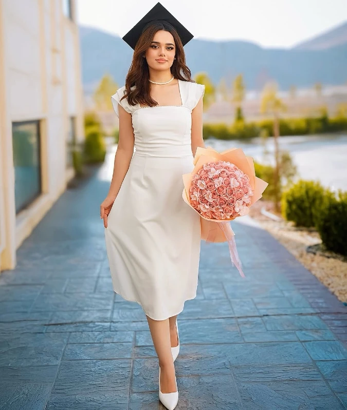 crisp white square neck midi elegant graduation style