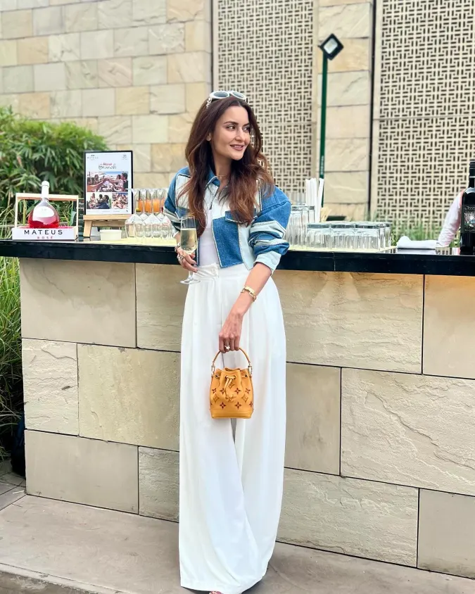 Cropped Denim Jacket and Wide Leg Trousers for Elevated Brunch Style