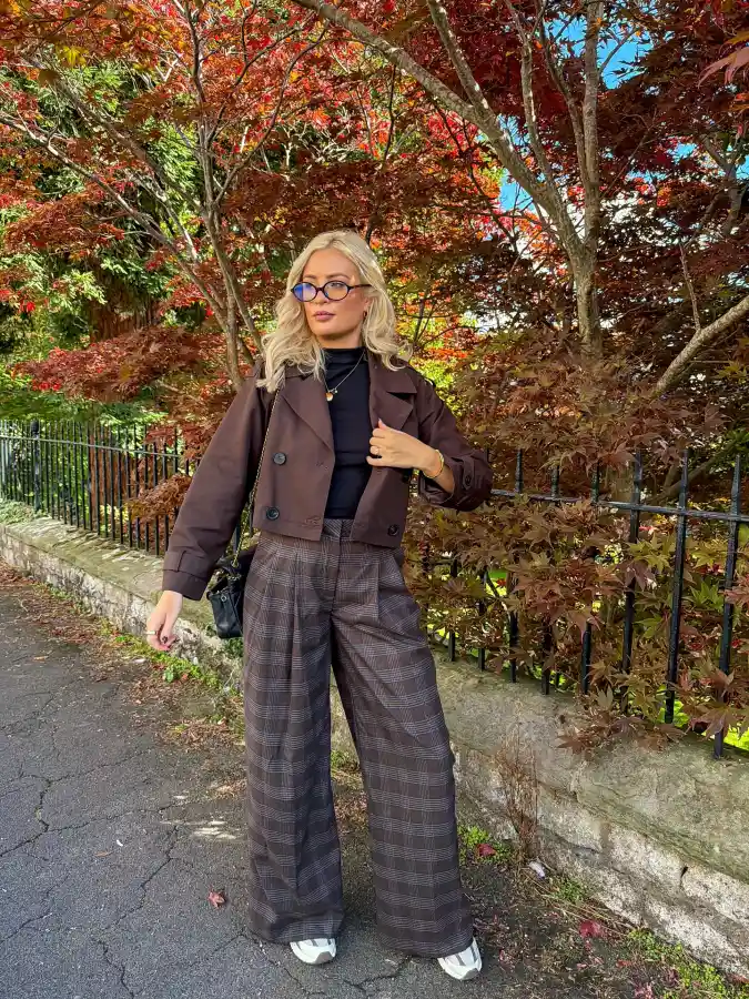 Dark Chocolate Cropped Trench and Plaid Wide Leg Trousers Cozy Street Style