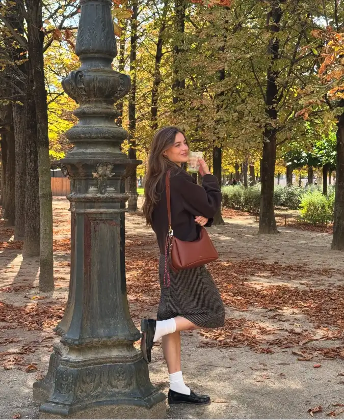 Dark Chocolate Sweater and Checkered Skirt Cozy City Layers