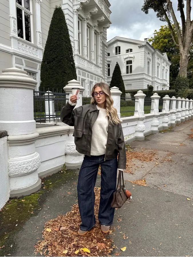 Dark Espresso Leather and Navy Wide Leg Denim Cozy Street Style