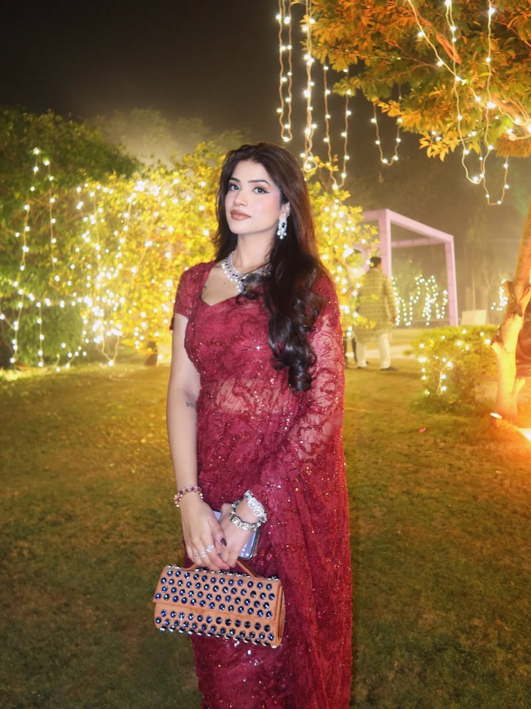 Deep Red Sequin Net Party Saree Style 