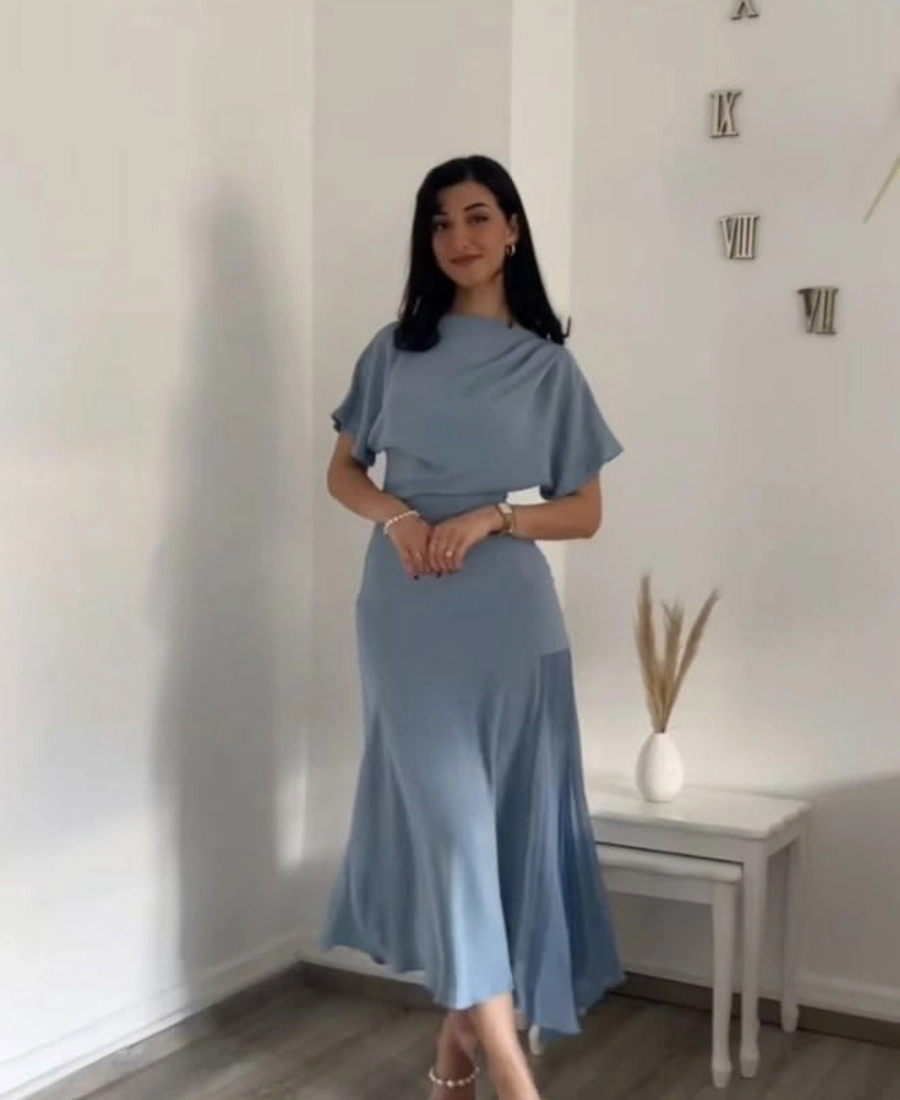 Dusty Blue Cape Sleeve Satin Midi Dress