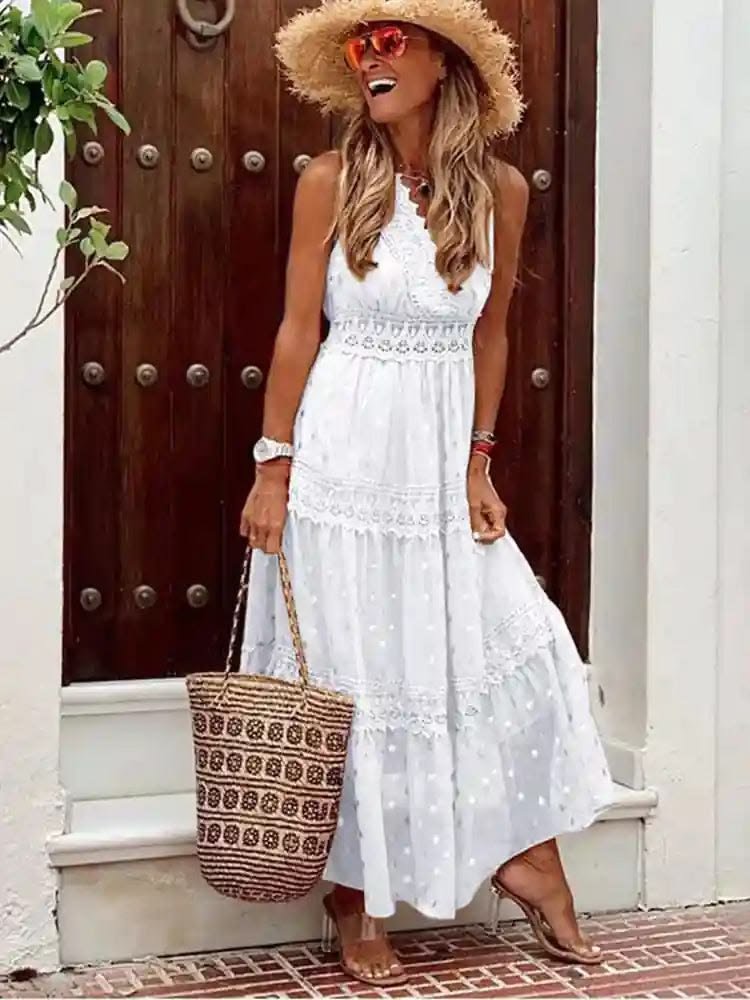 Effortless White Swiss Dot Tiered Maxi Dress Breezy Summer Resort Wear