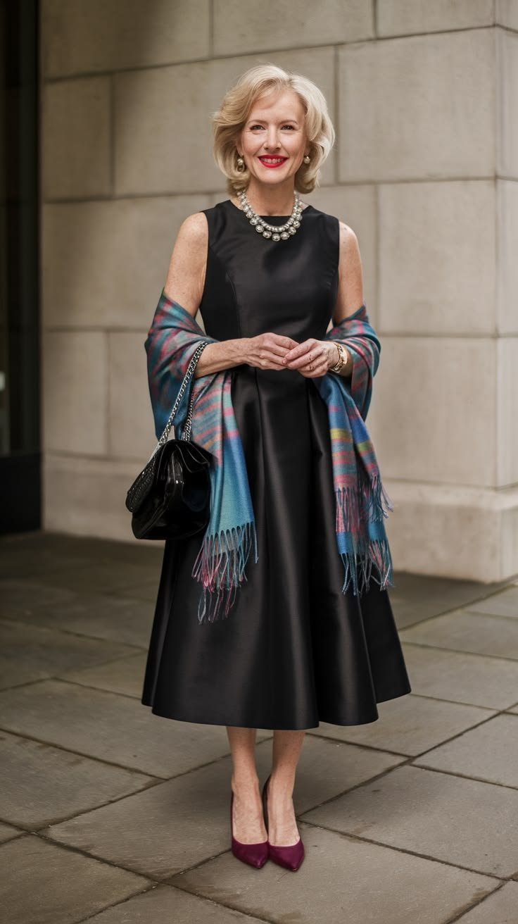 Elegant Flowy Black Satin Midi Dress For Black Tie Wedding Guest