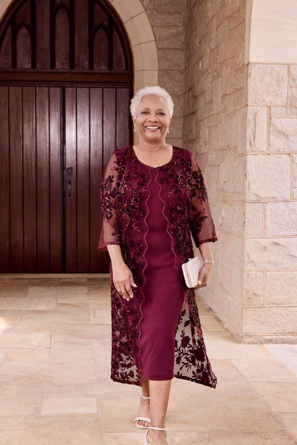 Elegant Plum Floral Duster and Column Dress Set