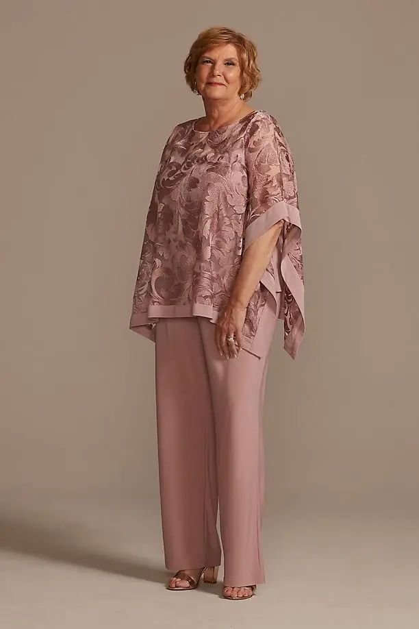 Elegant Rose Metallic Lace Cape Pantsuit Sophisticated Evening Comfort for the Grandmother of the Groom Over 60