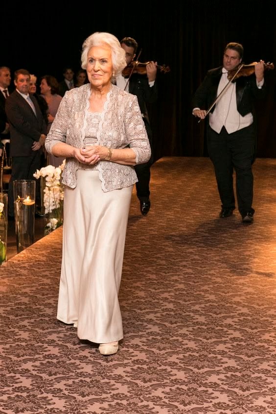 Elegant Taupe Lace Jacket and Satin Maxi Skirt Groom Grandmother