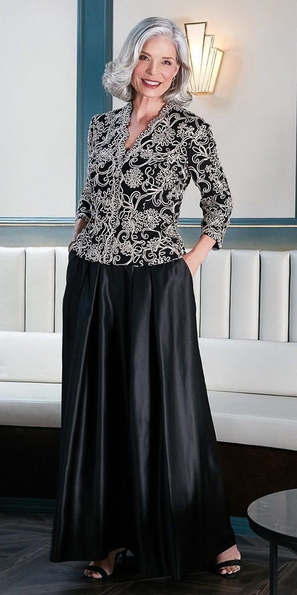 Embroidered Black Flowing Formal Separates For 21 Black Tie Wedding Guest Dress For Women Over 60