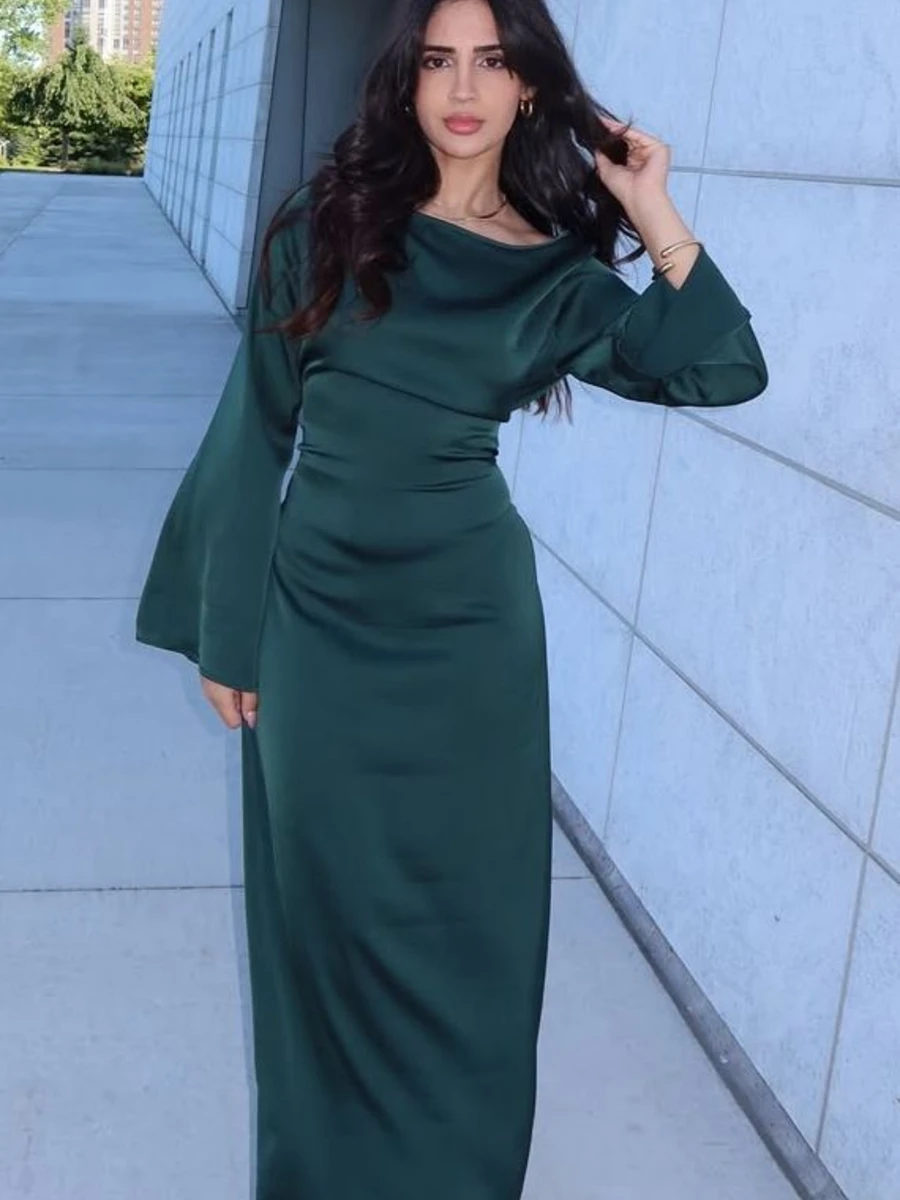 Emerald Green Satin Cowl Neck Bell Sleeve Maxi Dress