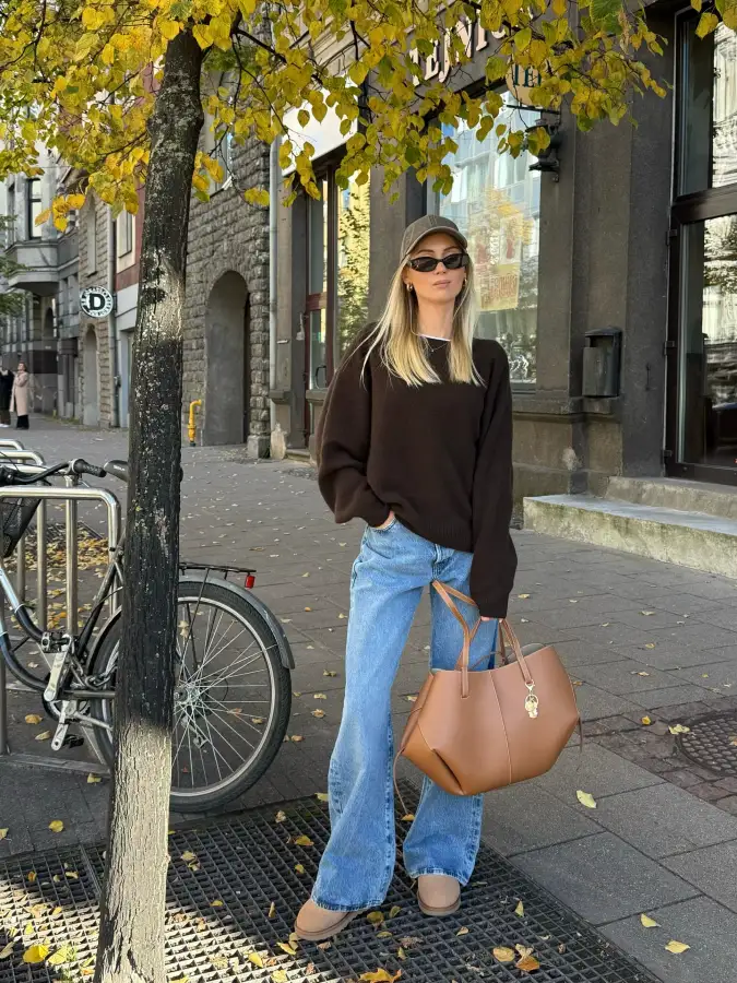 Espresso Oversized Knit and Baggy Denim Cozy City Layers