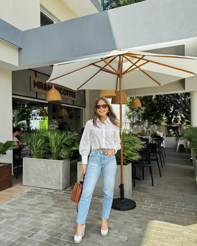 Eyelet Button Down and Light Wash Denim for Timeless Brunch Style