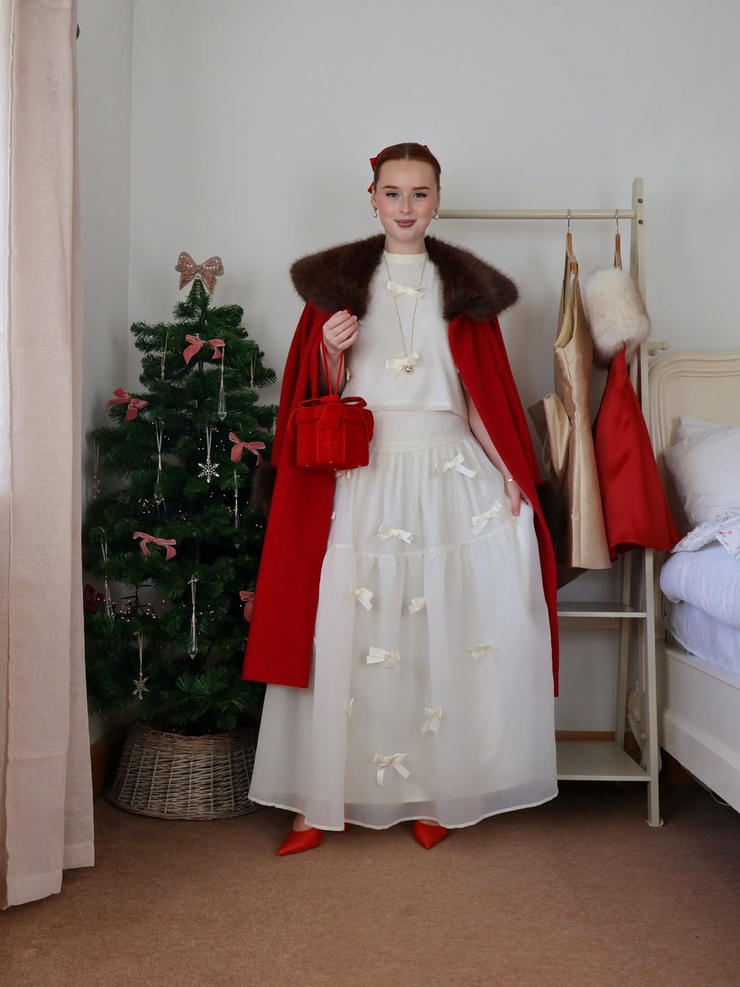 Festive Crimson and Bow-Accented Cream Tiered Maxi Combo
