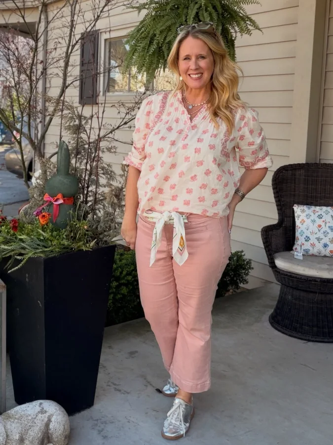 Floral Blouse and Pastel Trousers for Seasonal Weekend Ease