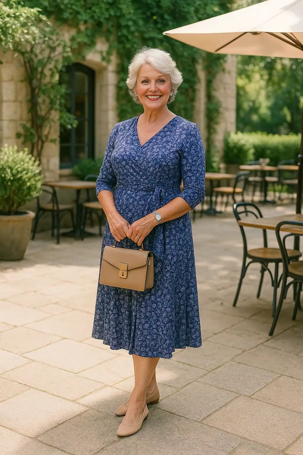Floral Navy Wrap Dress and Structured Tan Accessories for Elegant Celebrations