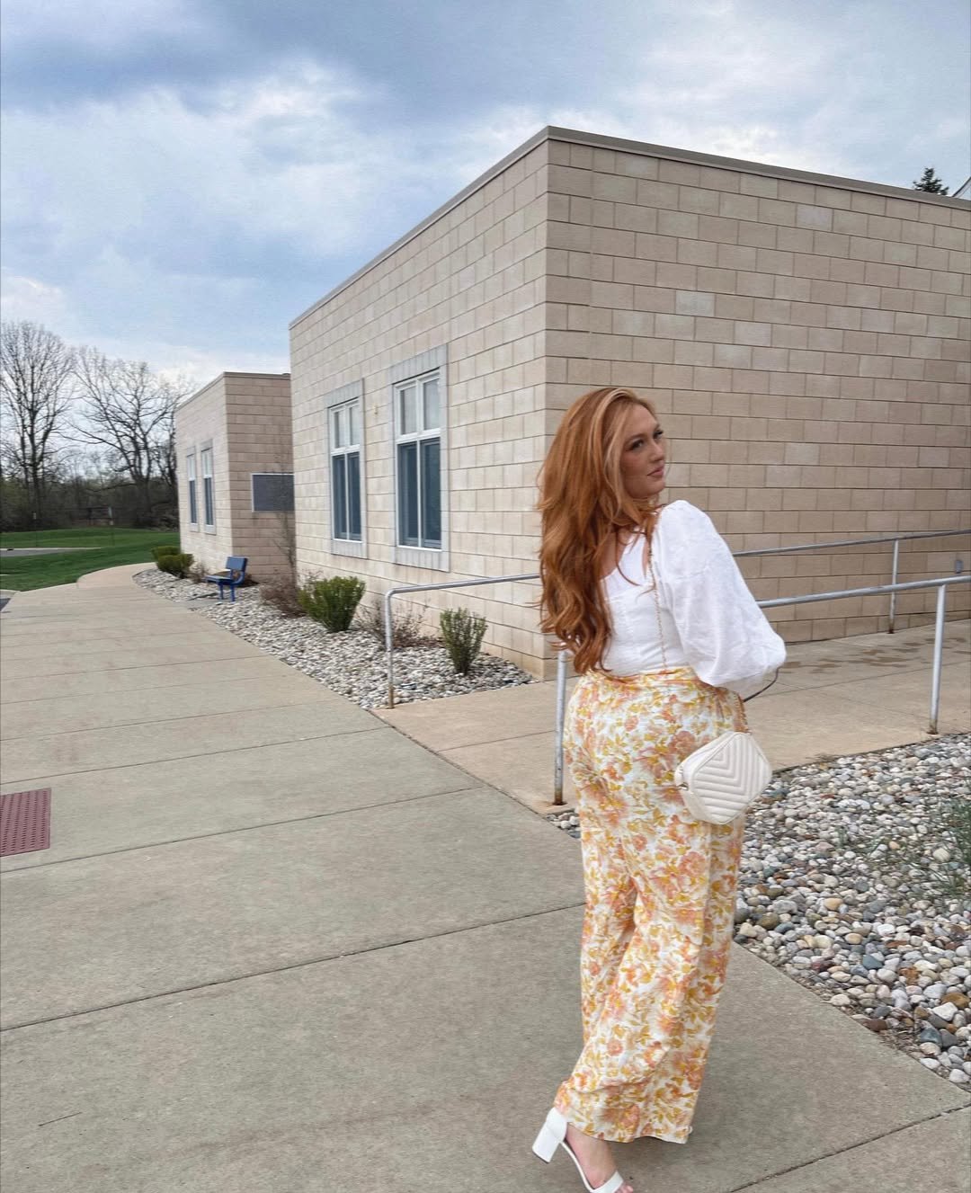 Floral Print Wide Leg Trousers and White Blouse