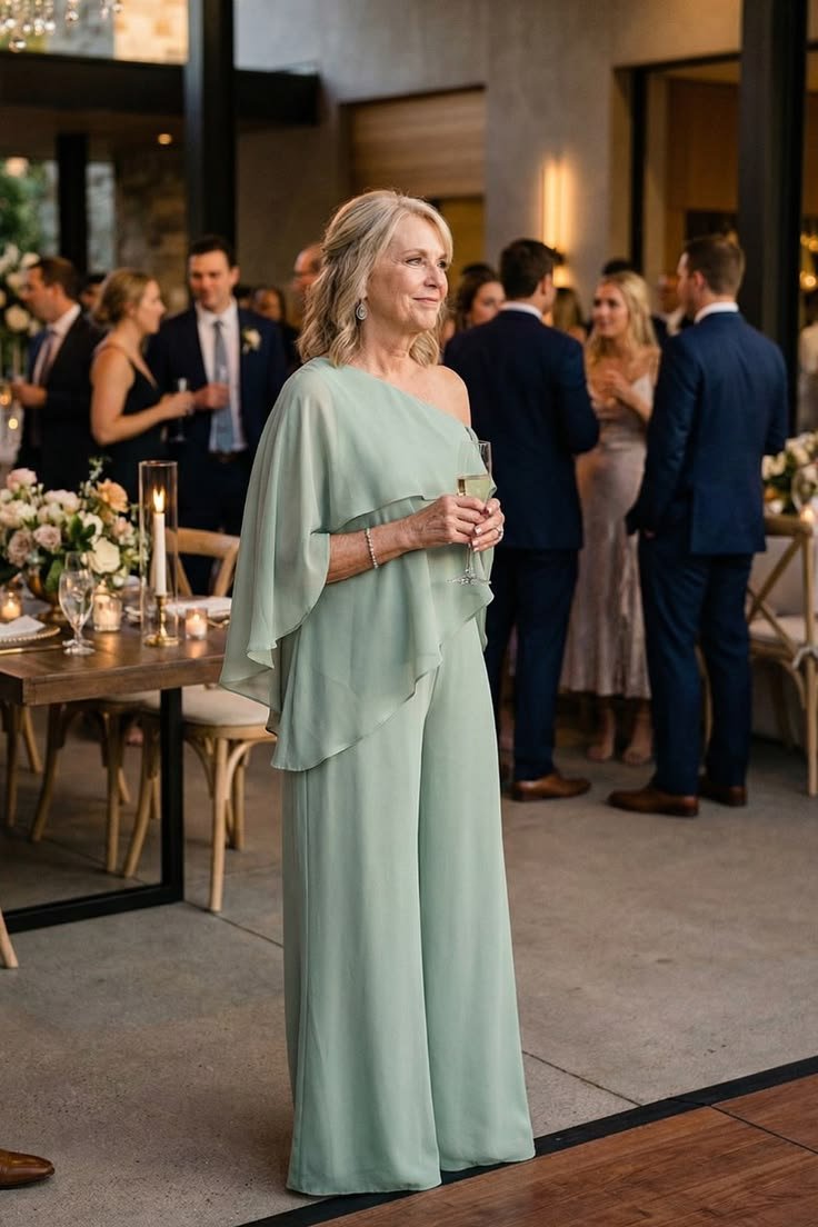 Flowing Sage Green Wide Leg Jumpsuit Formal Evening Wear