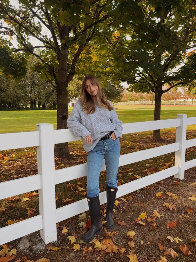  Heather Gray Cable Knit and Slim Denim Cozy Countryside Style