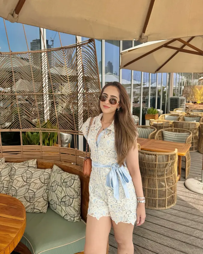 Light Blue Lace & Satin Ribbon Romper Vacation Style