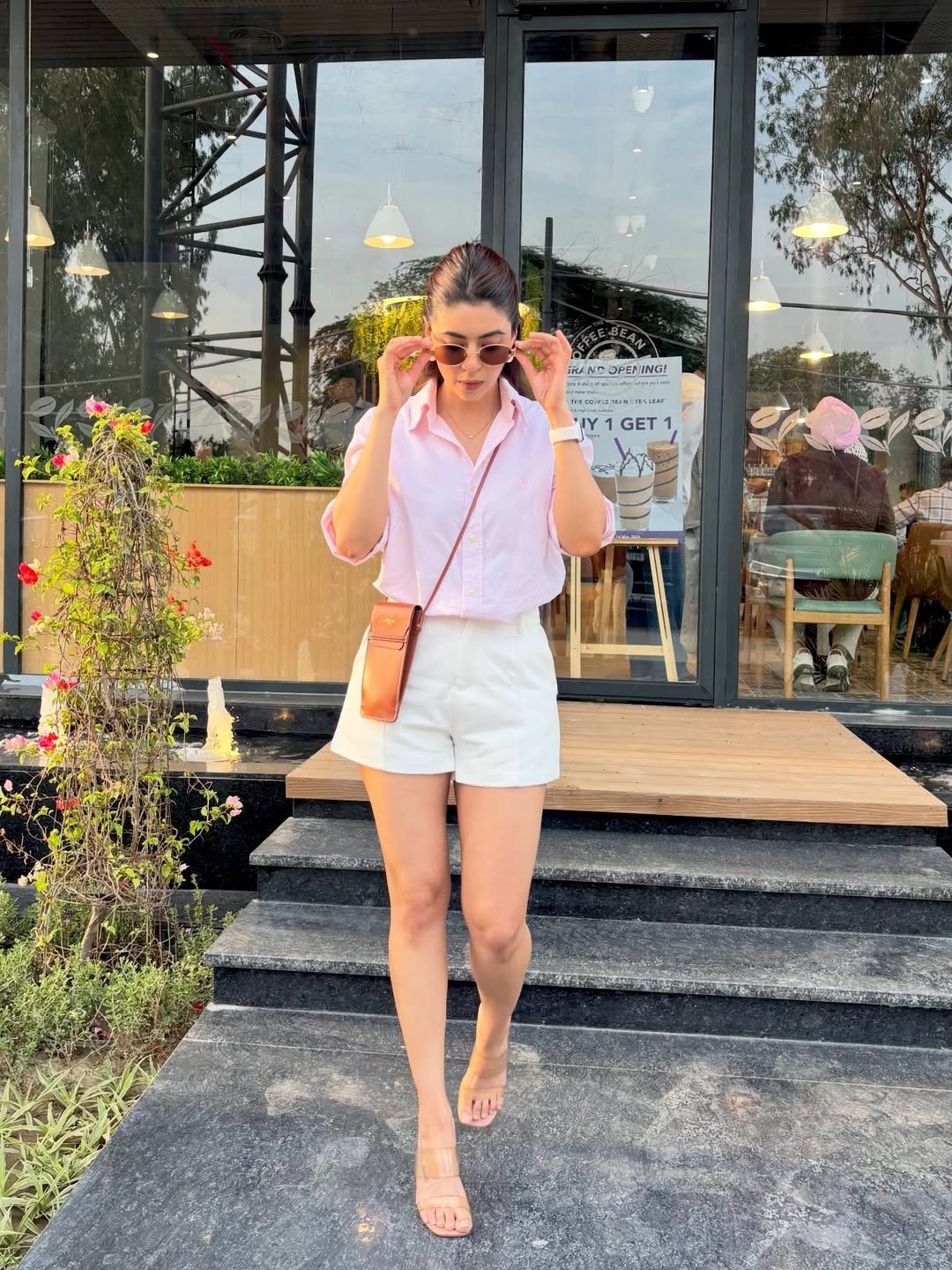 Light Pink Button Down and White Shorts Polished July Casual Wear
