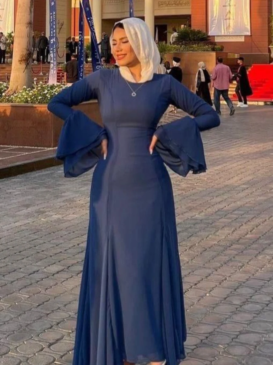 Navy Blue Bell Sleeve Modest Maxi Dress