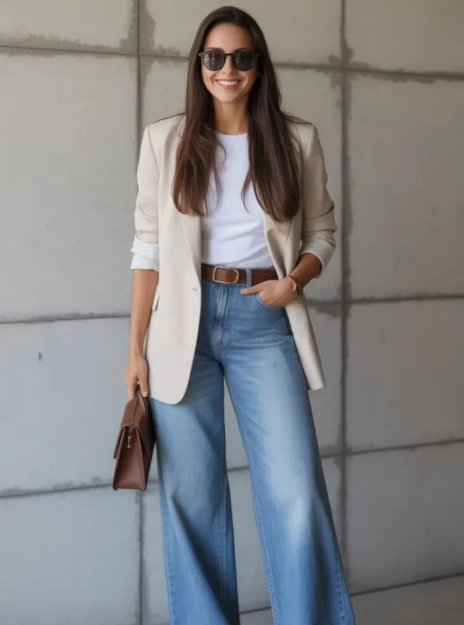  Neutral Blazer and Wide Leg Denim for Versatile Daily Wear