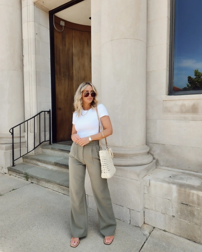 Olive Wide Leg Trousers and White Tee for Versatile Daily Ease