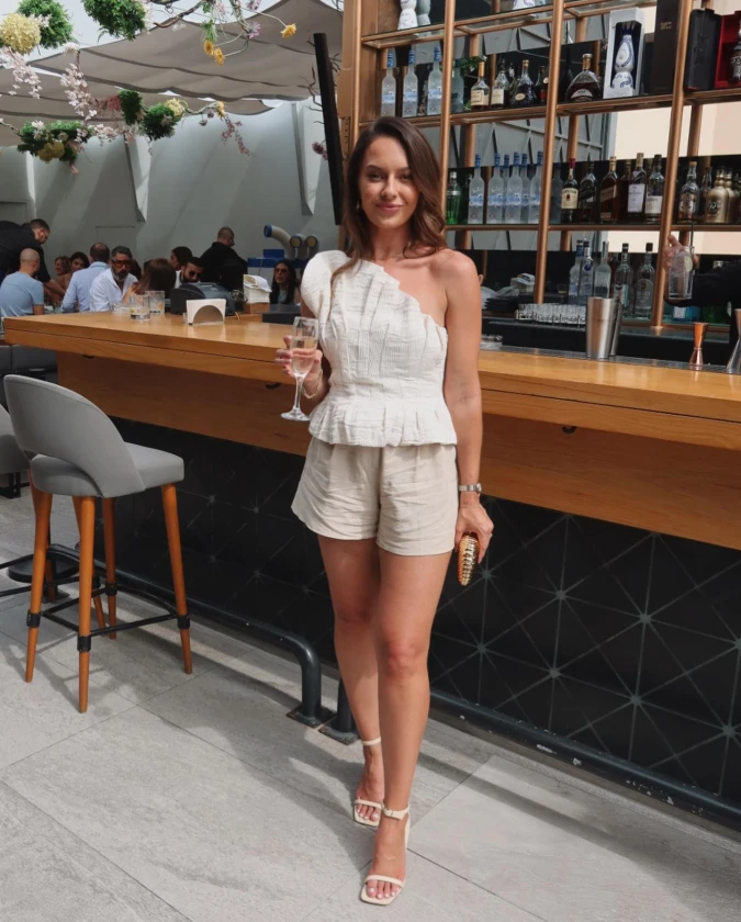 One Shoulder Textured Top and Tailored Shorts for Timeless Brunch Style
