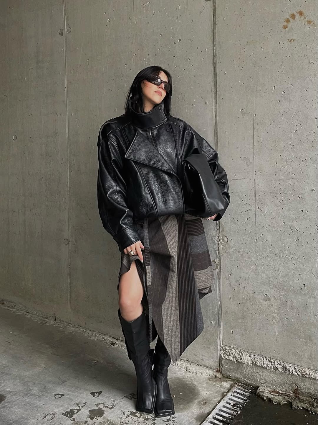 Oversized Black Leather Jacket With Patterned Skirt Effortless Concert Cool