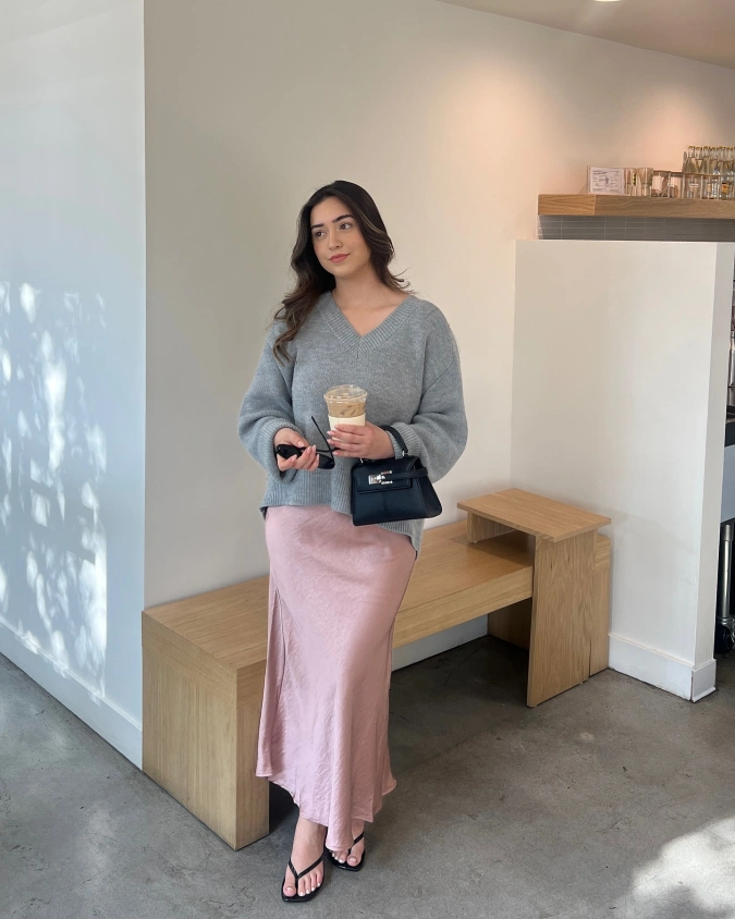 Oversized Grey Knit and Satin Maxi: Cozy Weekend Layers