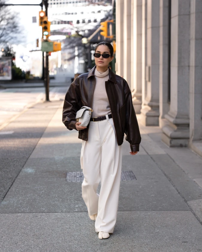 Oversized Leather and Flowing Trousers for Elevated Daily Wear