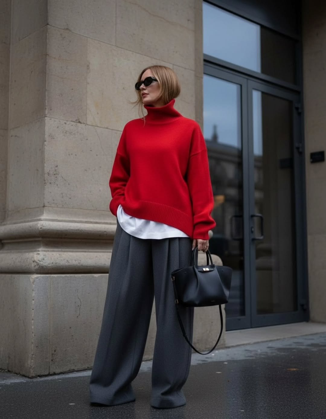 Oversized Red Knit and Relaxed Grey Slacks Sophisticated Modest Layers