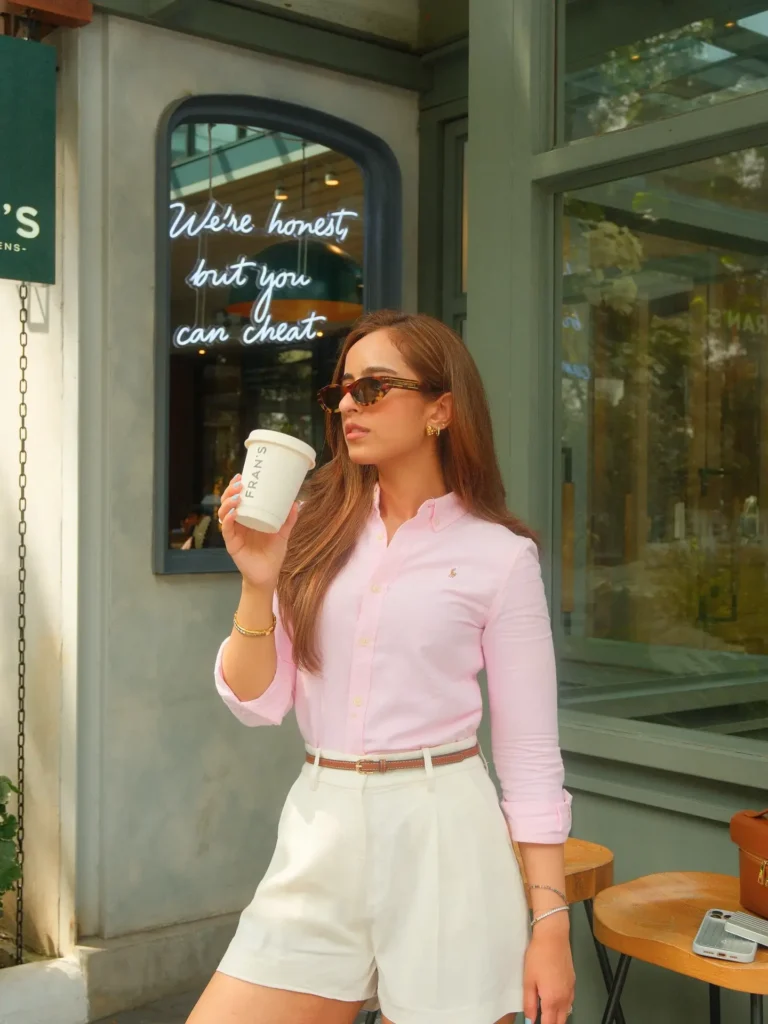 Pastel Button Down and Tailored Shorts for Timeless Brunch Style