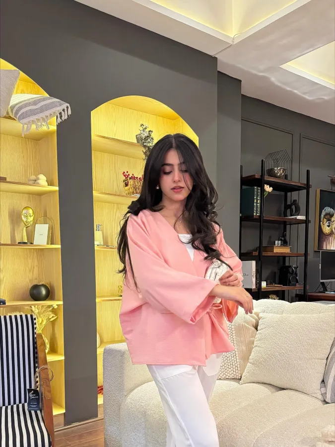 Peach Kimono Wrap and White Linen Trousers: Relaxed Home Lounge