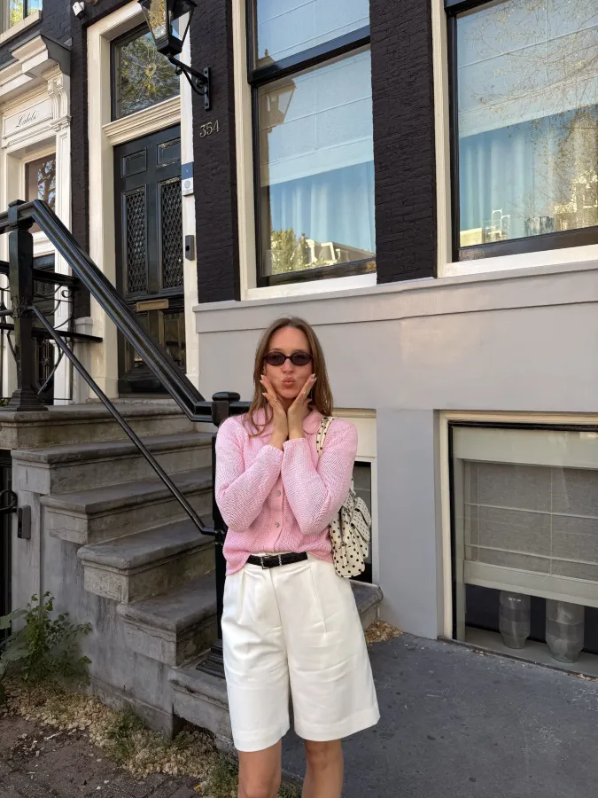 Pink Open-Knit and Cream Bermuda Shorts: Bright Weekend Casual