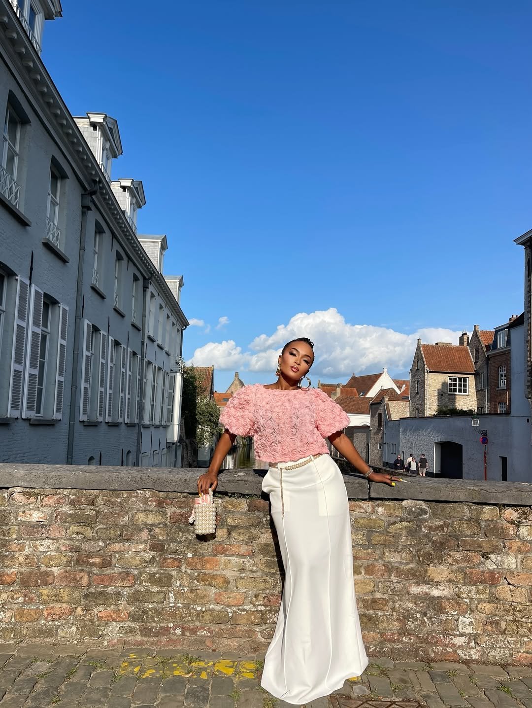 Playful Pink Textured Top and Flowing White Maxi Skirt Romantic European Summer Style