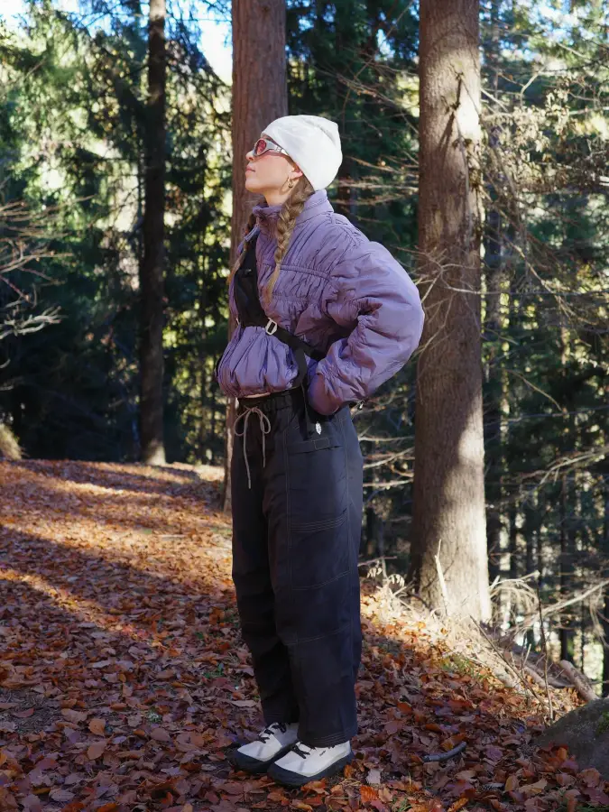Quilted Lavender Puffer: Textured Layers and Relaxed Cargo Style for Forest Trails