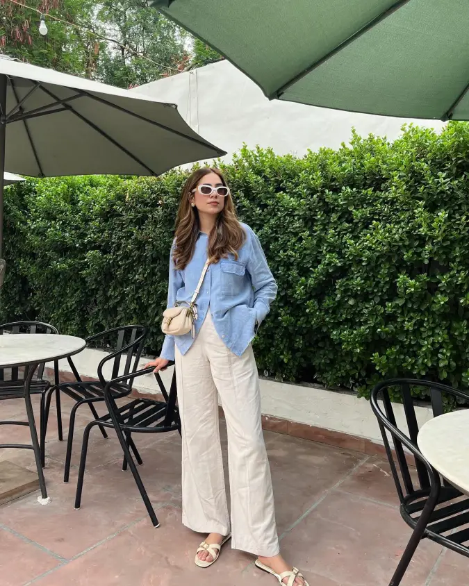 Relaxed Chambray Shirt and Neutral Wide Leg Trousers for Summer Weekend Comfort