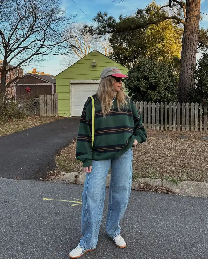 Relaxed Striped Pullover and Wide Leg Denim for Casual Weekend Ease