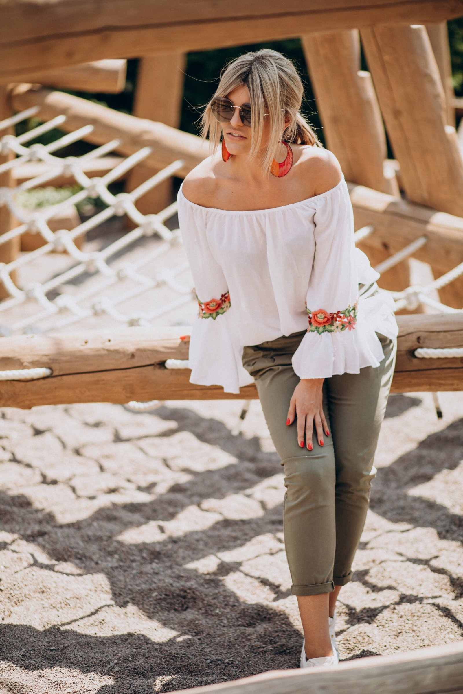 Relaxed White Off-The-Shoulder Blouse and Olive Cropped Trousers Versatile Weekend Boho Style