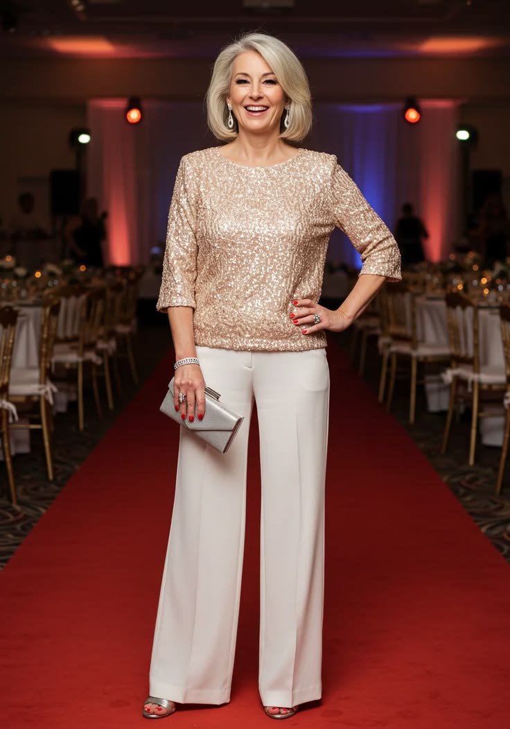 Rose Gold Sparkle and Cream Wide Leg Evening Wear for Elegant Grandmothers