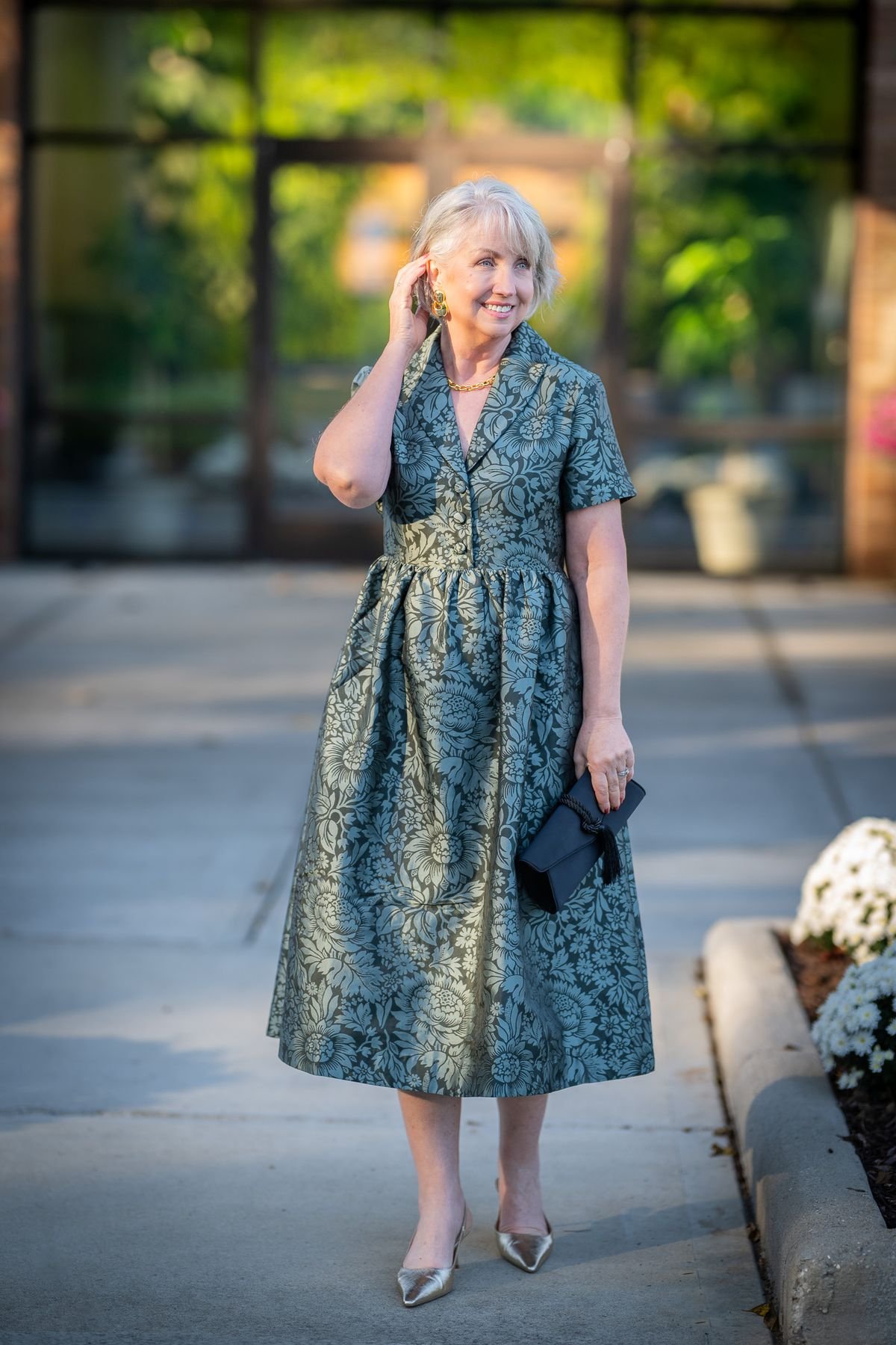 Sage Green Floral Brocade Midi Dress Elegant Wedding Guest Attire