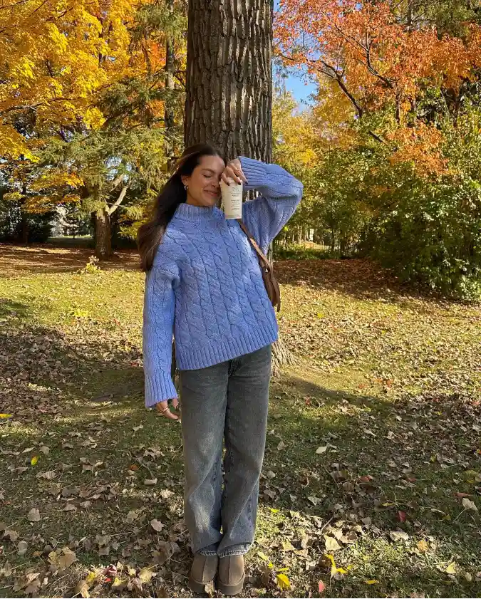 Serenity Blue Cable Knit and Gray Denim Cozy Weekend Knits