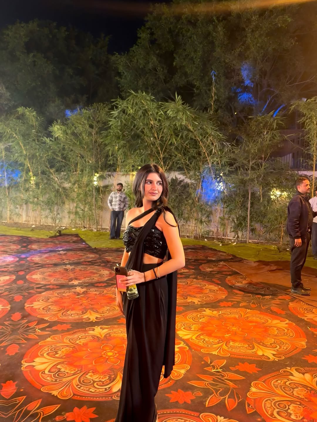 Sleek Black Sequin Cropped Top and Draped Pant Outfit