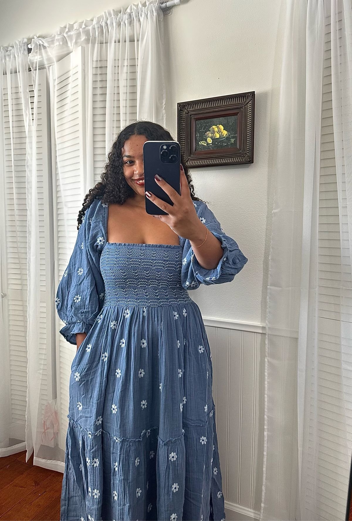 Smocked Cornflower Blue Floral Maxi Dress Breathable Cottagecore Style
