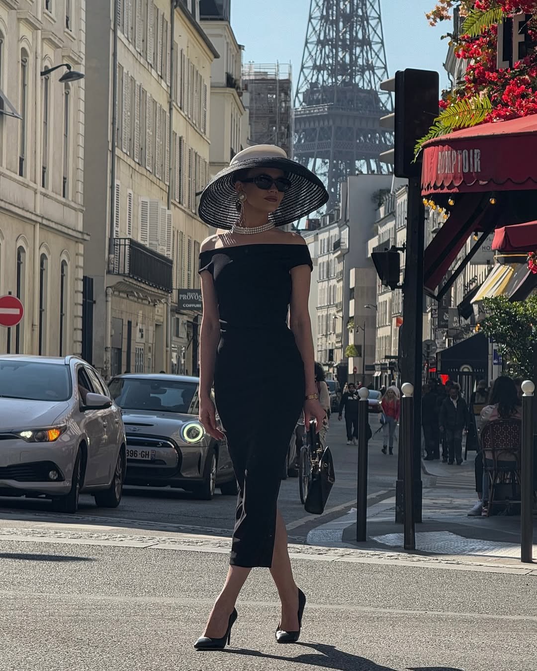 Sophisticated Black Fitted Midi Dress And Large Sun Hat: Achieving Easy Polished Style